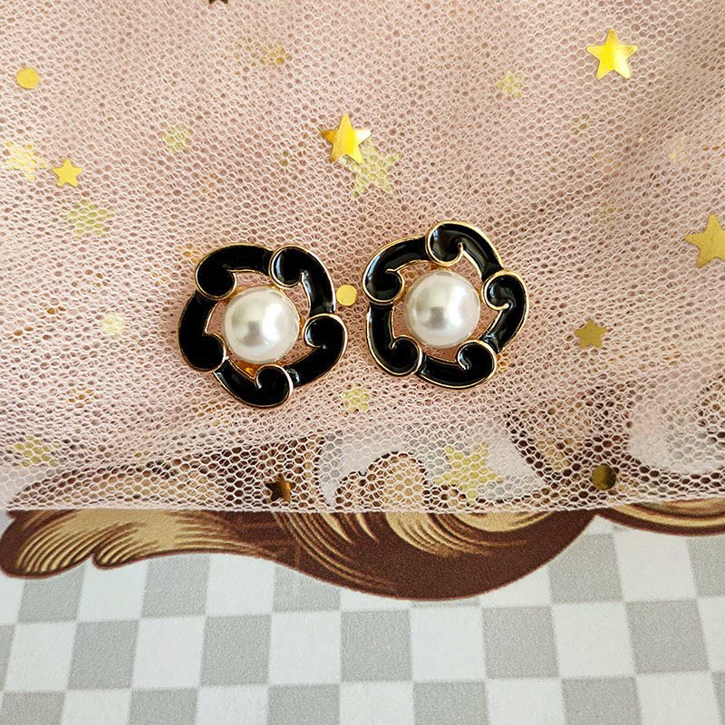 复古黑釉边珍珠耳钉西洋古董复