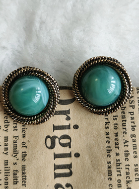 中式复古耳饰绿色圆形港风银针仿玛瑙做旧耳钉气质百搭B075