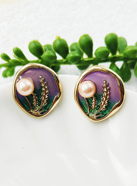 油画花朵中古耳环女国风新中式珍珠耳钉复古轻奢小众耳饰C093