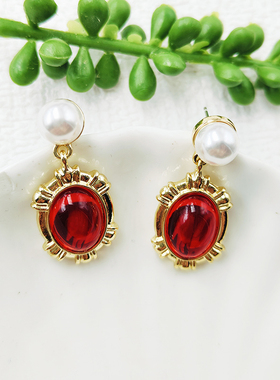法式复古红色仿宝石珍珠耳环轻奢高级感小众设计港风气质C124