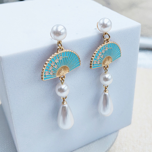 日韩古风复古扇子珍珠水滴耳钉梅花折扇耳环滴油耳坠配旗袍B633