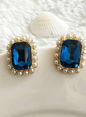 经典款蓝色方形珍珠耳饰中式复古银针耳钉无耳洞耳夹女气质B835