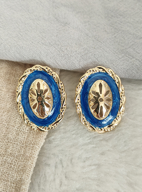 复古简约耳钉气质复古优雅风耳环蓝色滴釉耳饰女耳夹无耳洞B111