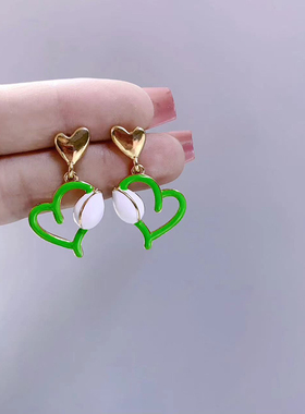 复古绿色桃心耳钉女精致小巧耳环设计高级感时尚耳饰B983