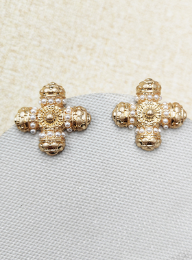 西洋中古风珍珠耳饰法式十字优雅耳环小众设计感气质耳钉C324