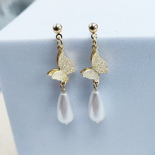 立体蝴蝶闪亮双蝴蝶吊坠水滴珍珠新中式 耳环旗袍汉服耳钉银针B667