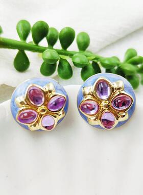 欧美风年代感耳饰宫廷古董银针复古气质紫色圆形滴油耳钉C180