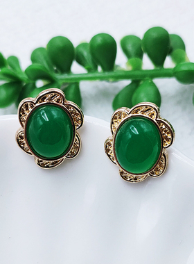中式复古耳饰绿色椭圆宝石银针耳钉气质宫廷搭配旗袍汉服B682
