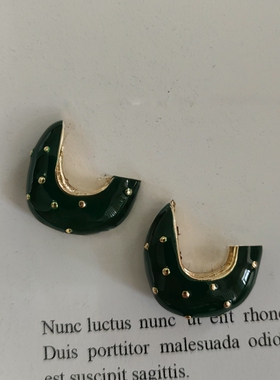 中式复古耳环韩式气质滴油斑点C字绿色耳钉无耳洞耳夹饰品998