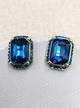 vintage中古蓝色宝石方形几何长方形高级感耳钉耳环女耳夹B854