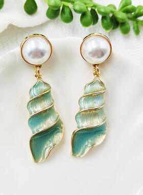 时尚个性银针珍珠海螺滴油耳环欧美夸张耳坠vintage中古耳饰C189