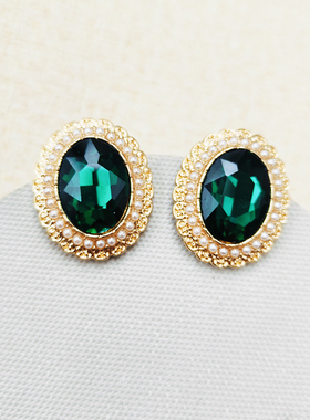 时尚简约珍珠耳钉几何圆形绿色宝石耳环个性百搭耳饰品C316