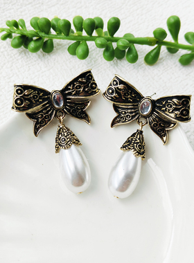 中式复古耳饰西洋中古巴洛克风格耳钉蝴蝶结珍珠耳饰C489