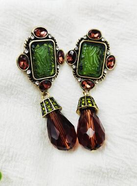 绿色复古耳环中古耳钉方形立体浮雕琉璃耳坠民族风耳饰C191