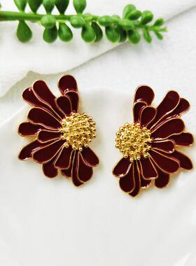 欧美法式复古红色珐琅滴釉气质夸张花朵耳钉女设计高级感耳饰C194