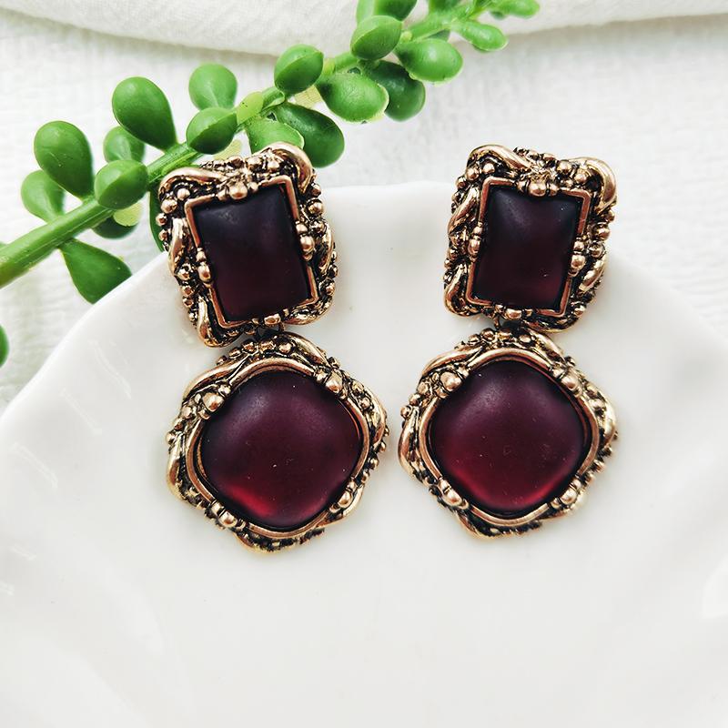中古vintage耳饰复古做旧宫廷风红色琉璃耳饰时尚气质女C250