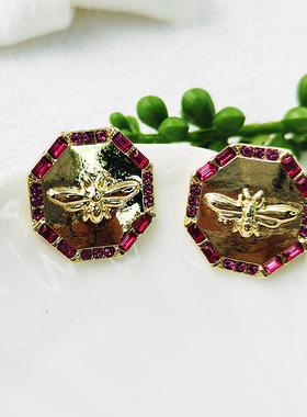 法式小香风耳饰小蜜蜂新款耳钉红色圆形银针耳环高级感C061