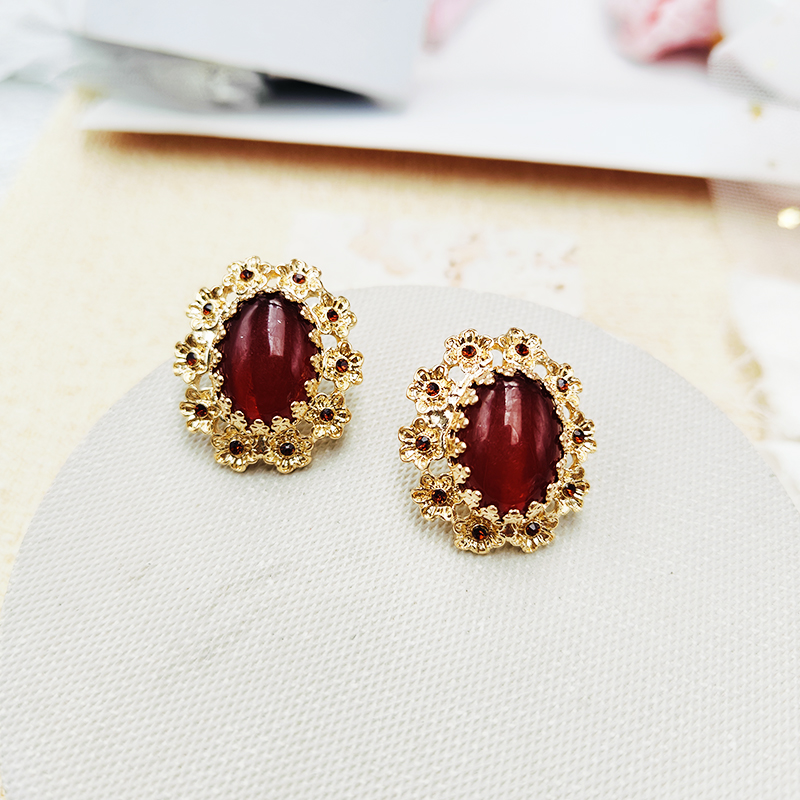 中古耳饰花边耳钉女 轻奢质感复古款深红色宫廷风女C392