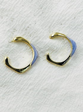 紫色滴油金属耳环不规则C形耳钉冷淡风简约气质银针耳饰C015