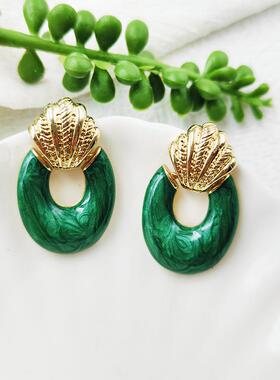 中古港风时尚日常款耳坠复古小众设计感椭圆绿色滴油耳饰C177