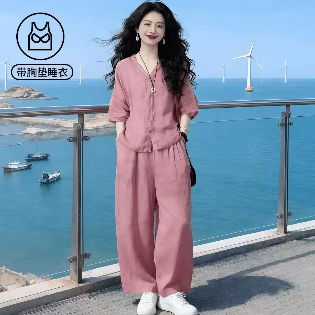 春秋新款粉色V领少女睡衣带胸垫可外穿大妈短袖七分袖长裤家居服