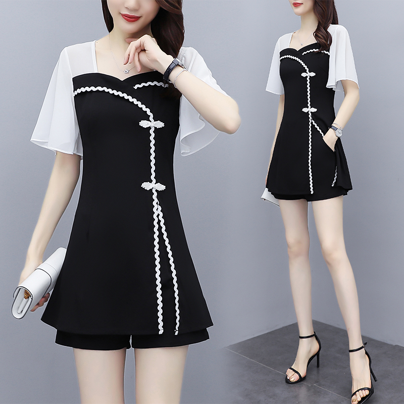 Large size women's summer new fashion improved cheongsam splicing Chiffon temperament slim dress suit