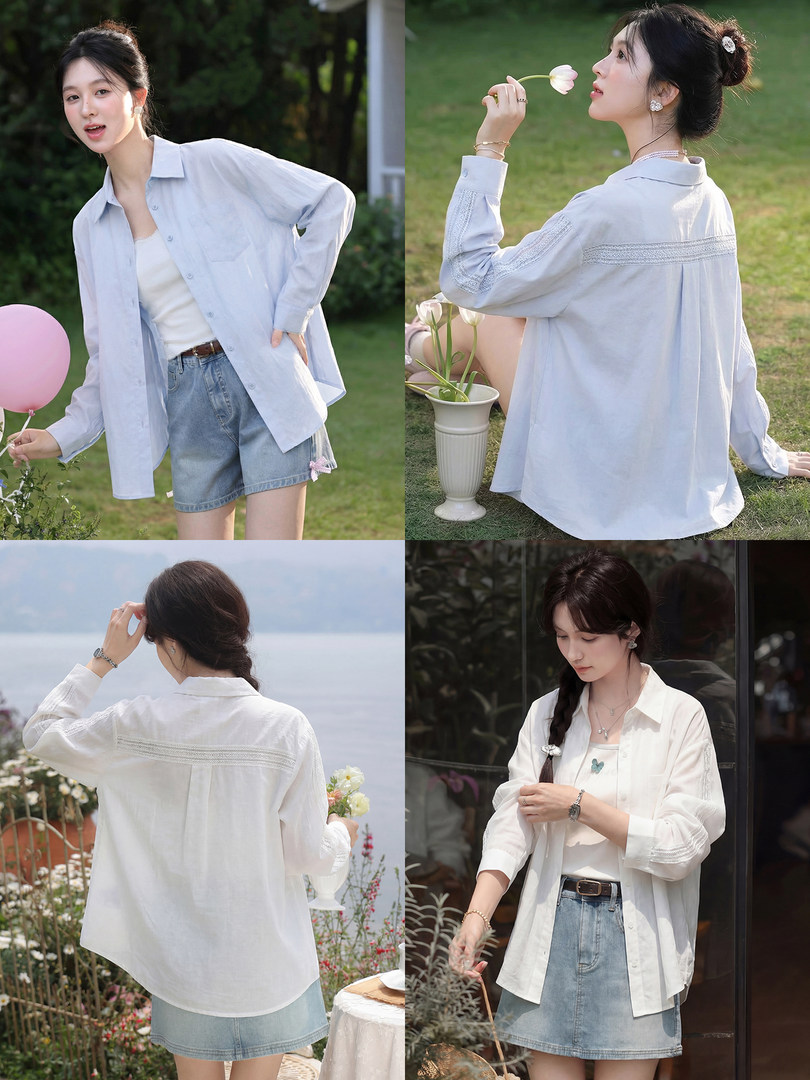 Light blue oversized button-up shirt worn with denim shorts in outdoor lifestyle photos