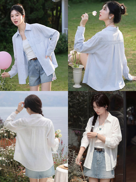 Light blue oversized button-up shirt worn with denim shorts in outdoor lifestyle photos