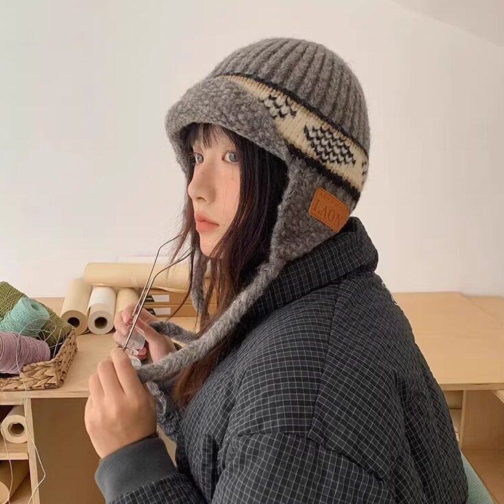 复古提花针织帽女加厚保暖护耳帽