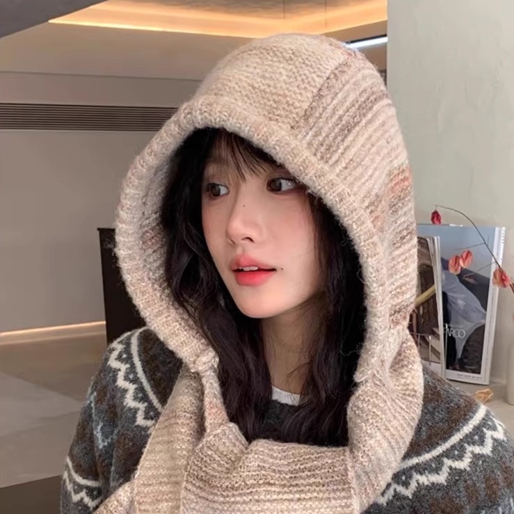 慵懒风混色卷边针织帽围巾一体帽