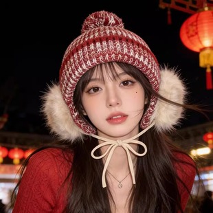 韩系混色绒球针织帽子女秋冬季耳罩一体保暖毛线帽防寒护耳套头帽