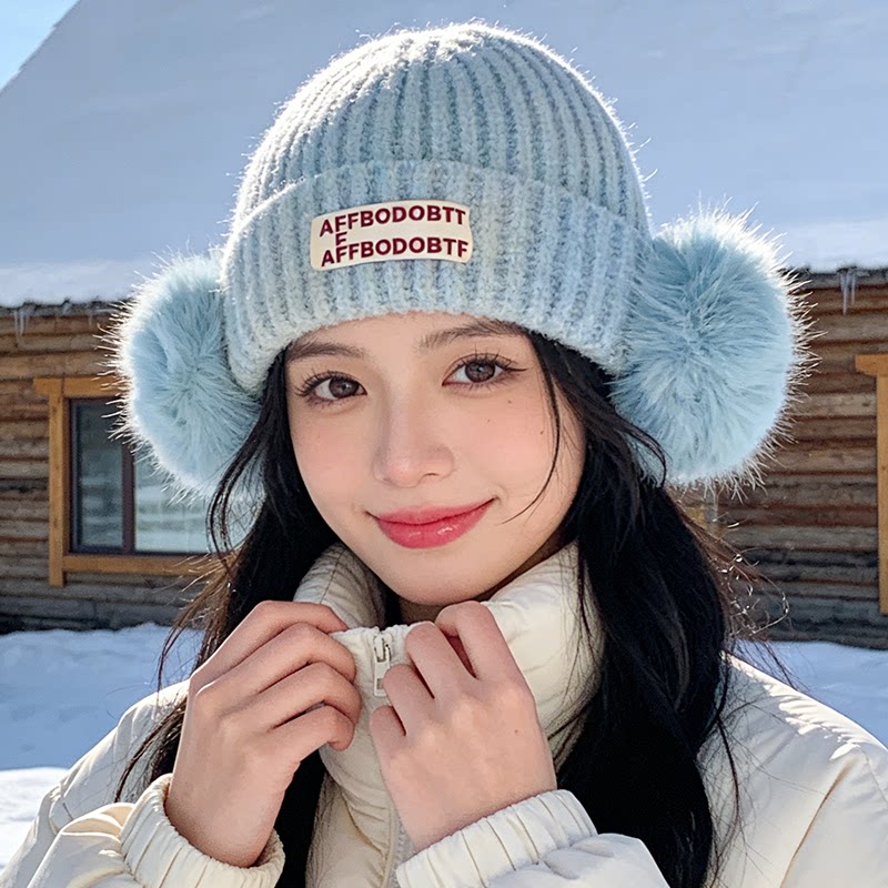 韩系软糯毛球针织帽子女冬季耳罩一体保暖毛线帽女滑雪加厚护耳帽