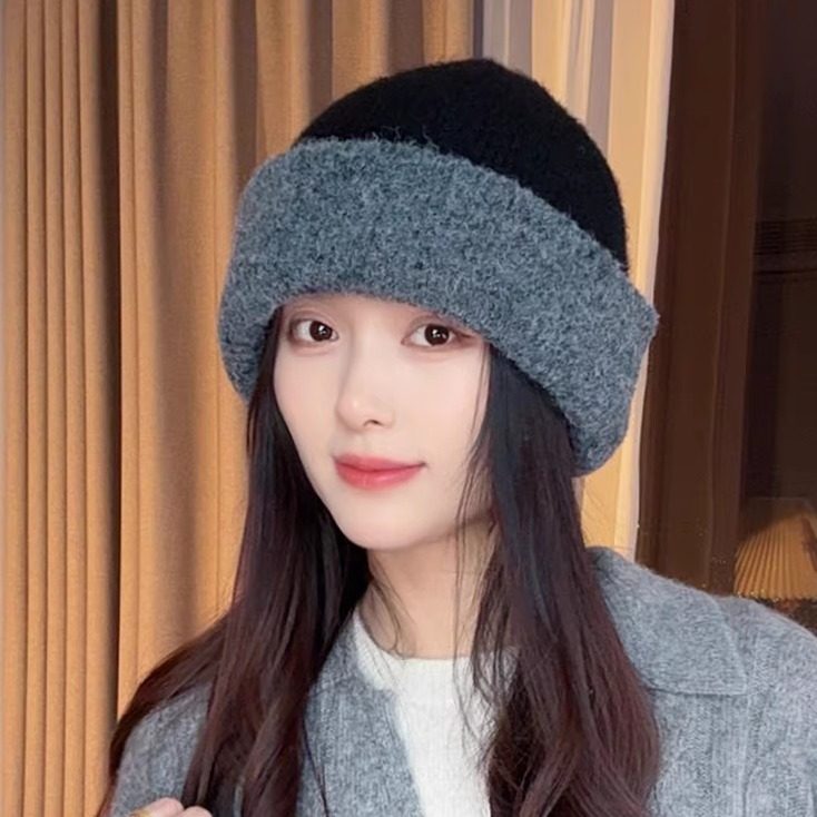 韩版拼色针织堆堆帽保暖加厚护耳