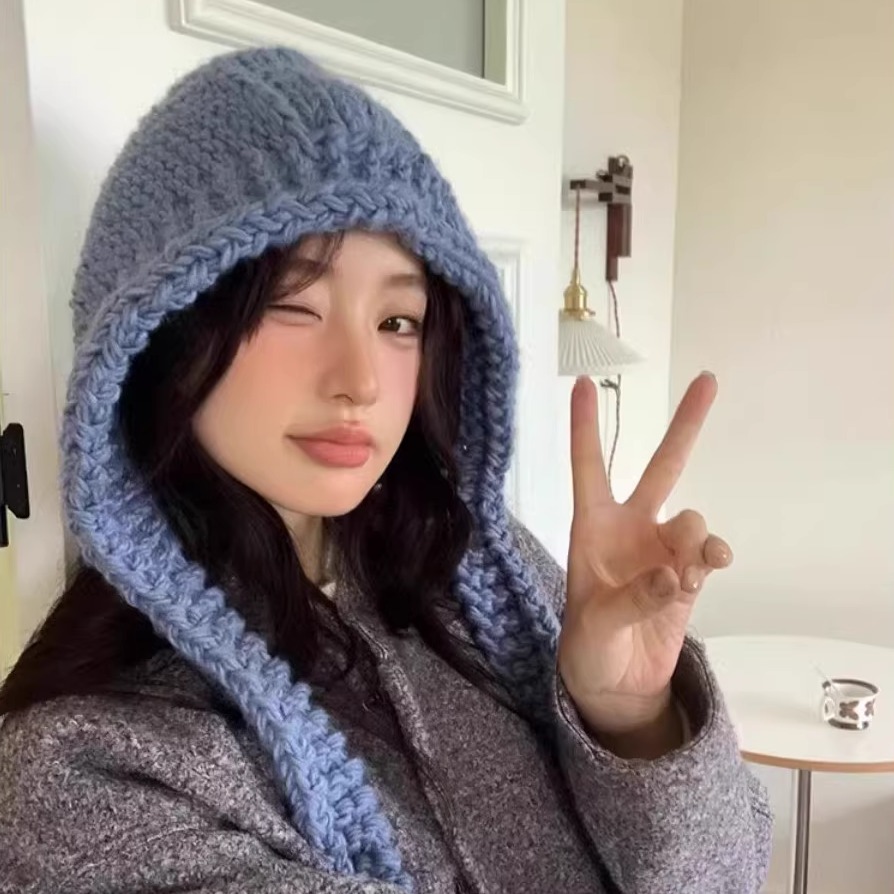 韩系慵懒风纯色针织帽子女秋冬季大头围保暖护耳毛线冷帽显脸小潮