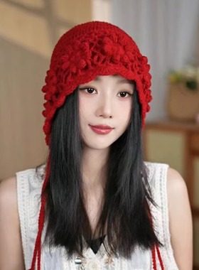 民族风手工钩花针织帽子女秋冬季甜美保暖毛线帽文艺流苏帽显脸小