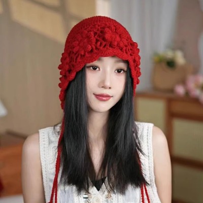 民族风手工钩花针织帽子女保暖帽