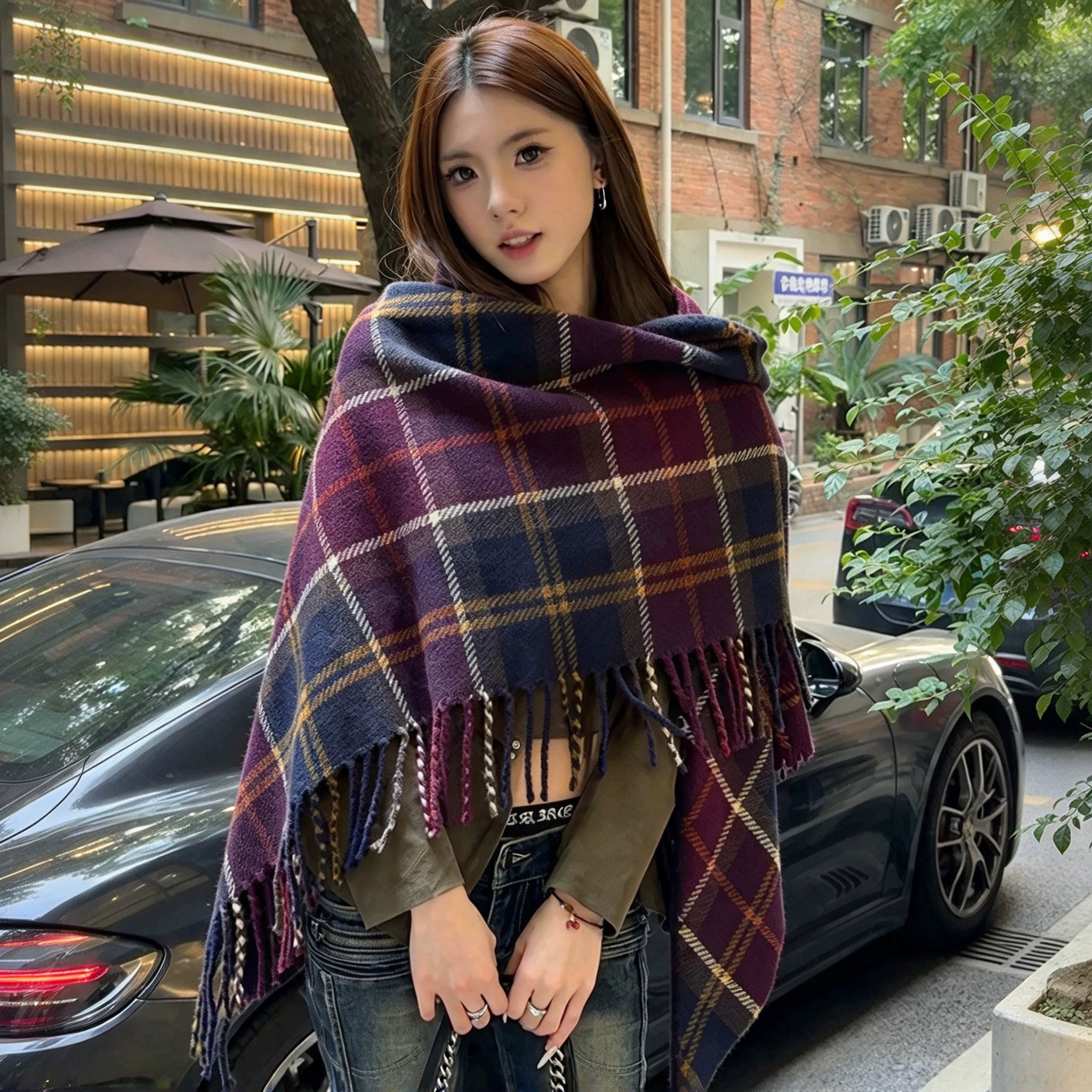 格纹流苏三角针织披肩护颈外搭女