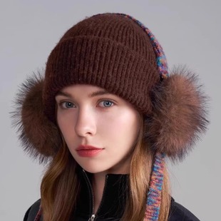 复古纯色羊毛针织帽子女秋冬季大头围毛绒耳罩保暖毛线帽护耳冷帽