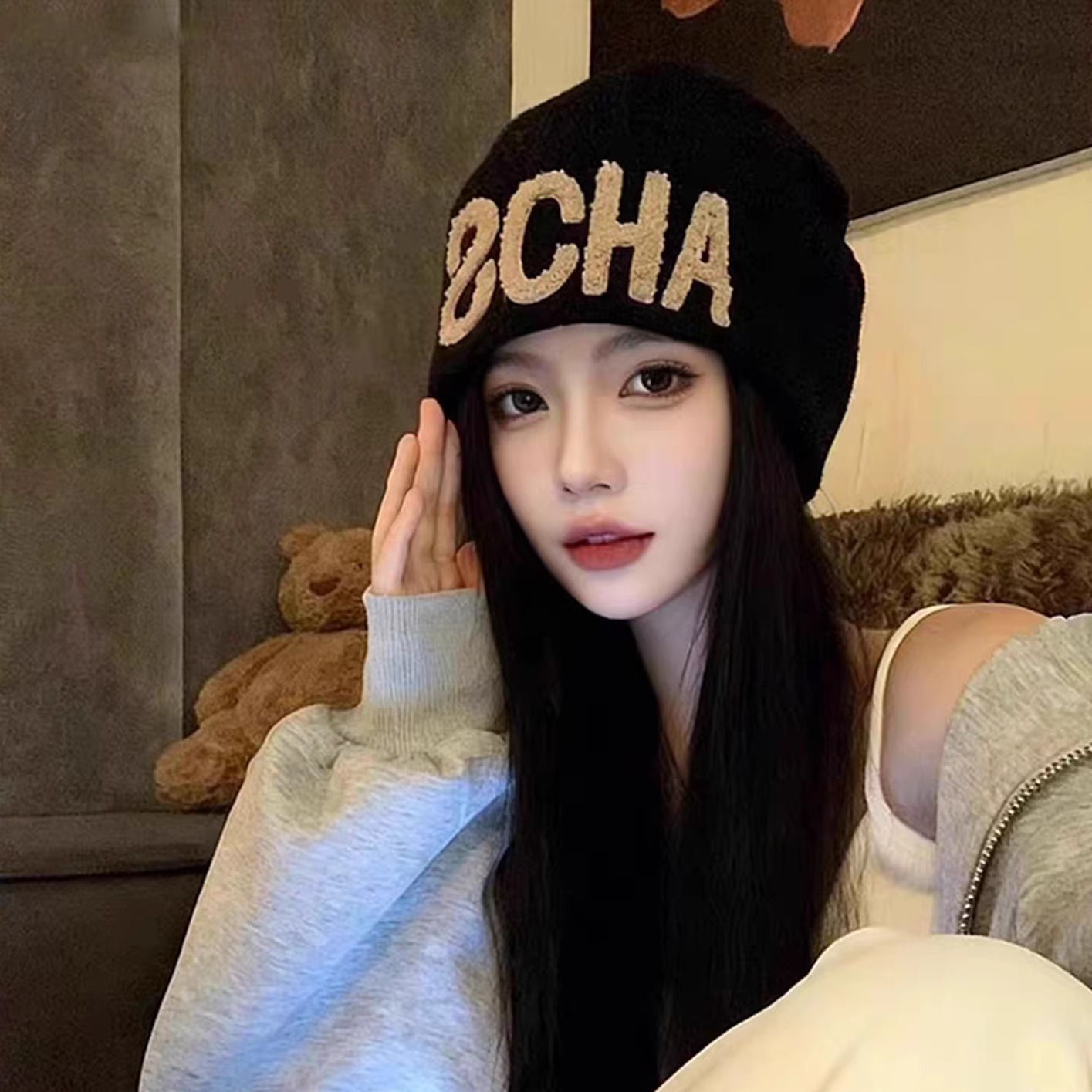 韩版时尚刺绣针织堆堆帽保暖护耳