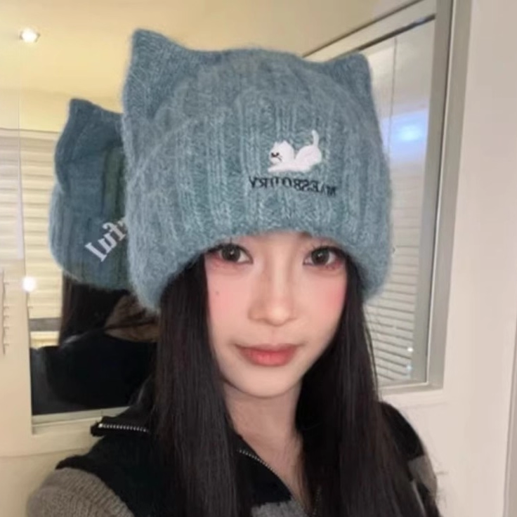 韩系可爱猫耳软糯针织帽保暖加厚