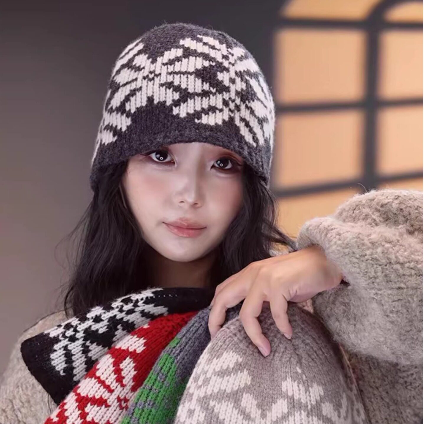 韩版雪图案针织帽女秋冬保暖护耳