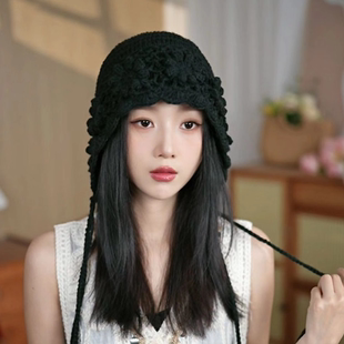 民族风手工钩花双层针织帽子女秋冬季甜美保暖毛线帽加厚护耳冷帽