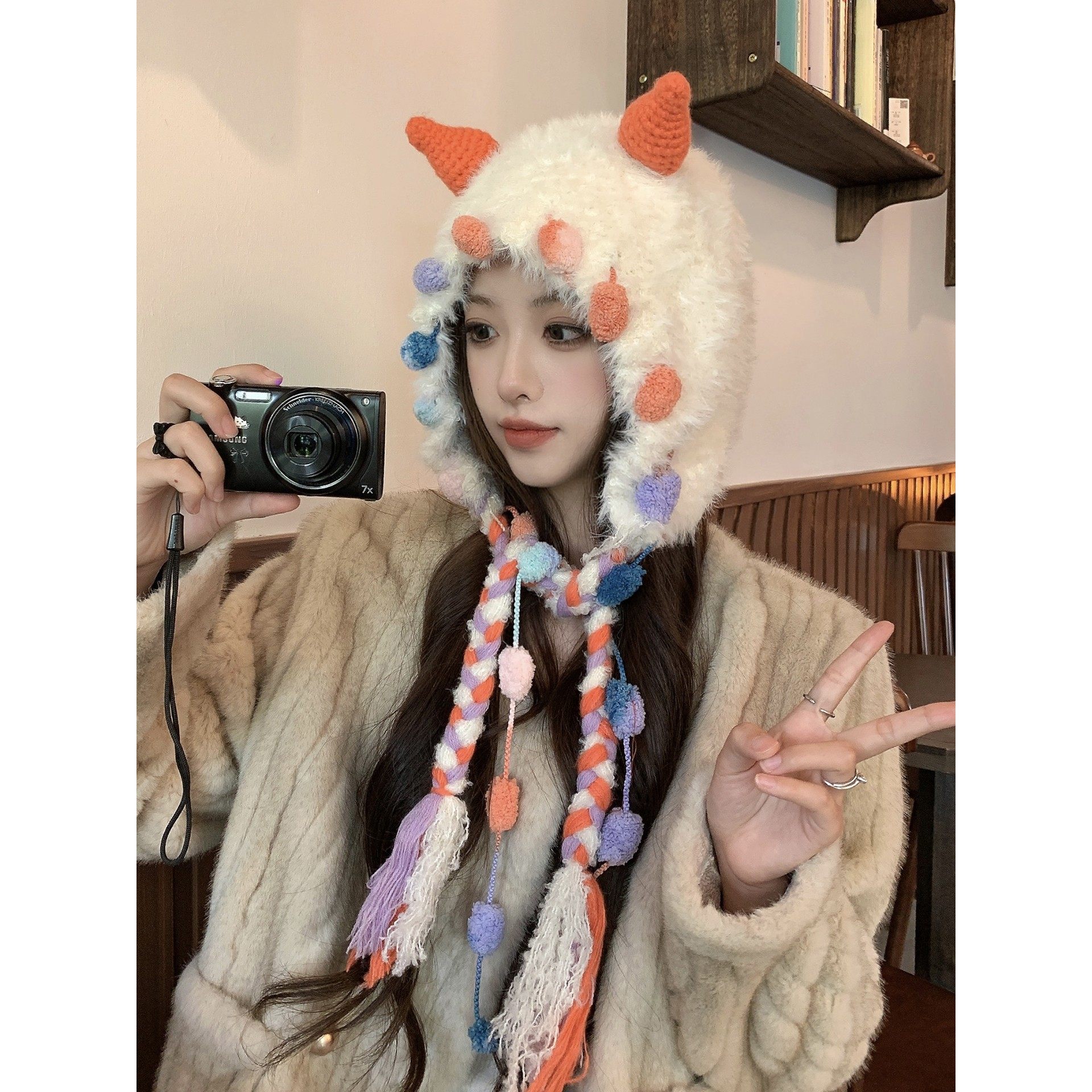 韩系可爱萌羊角针织帽秋冬保暖