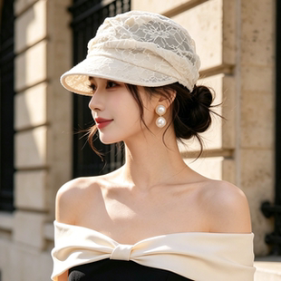 2026新款蕾丝网纱贝雷帽子女夏季薄款透气鸭舌画家帽女洋气显脸小