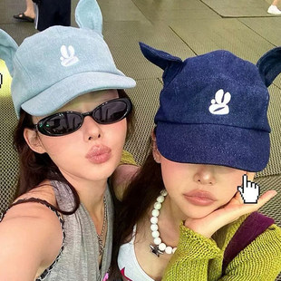 韩版立体耳朵牛仔棒球帽子女春季刺绣平檐鸭舌帽女可爱遮阳显脸小