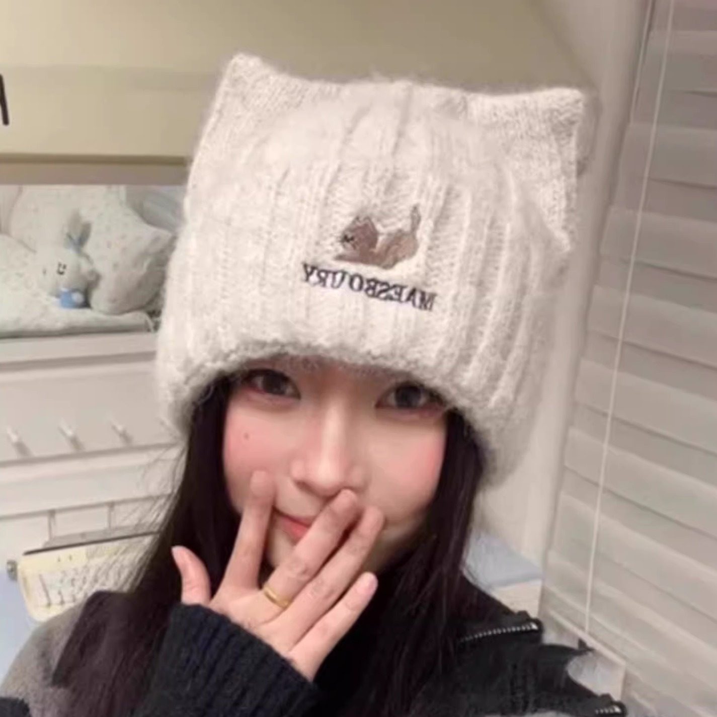 韩系可爱猫耳毛绒针织帽子女秋冬季大头围保暖毛线帽刺绣护耳冷帽,服饰配件/皮带/帽子/围巾,帽子,淘宝优惠券,粉丝福利购,淘宝优惠卷