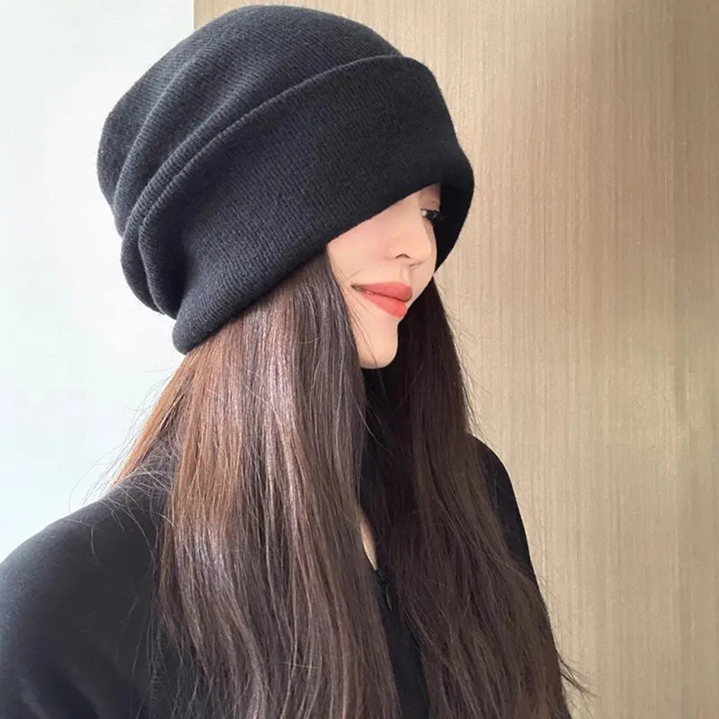 日系简约针织堆堆帽女保暖护耳