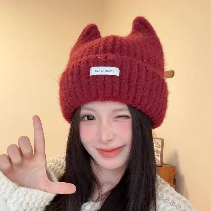 韩系纯色猫耳针织帽保暖护耳冷帽