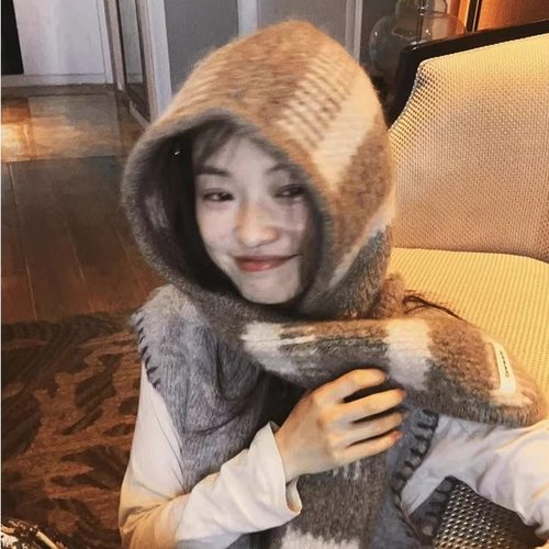 韩系条纹针织帽围巾一体护耳帽女
