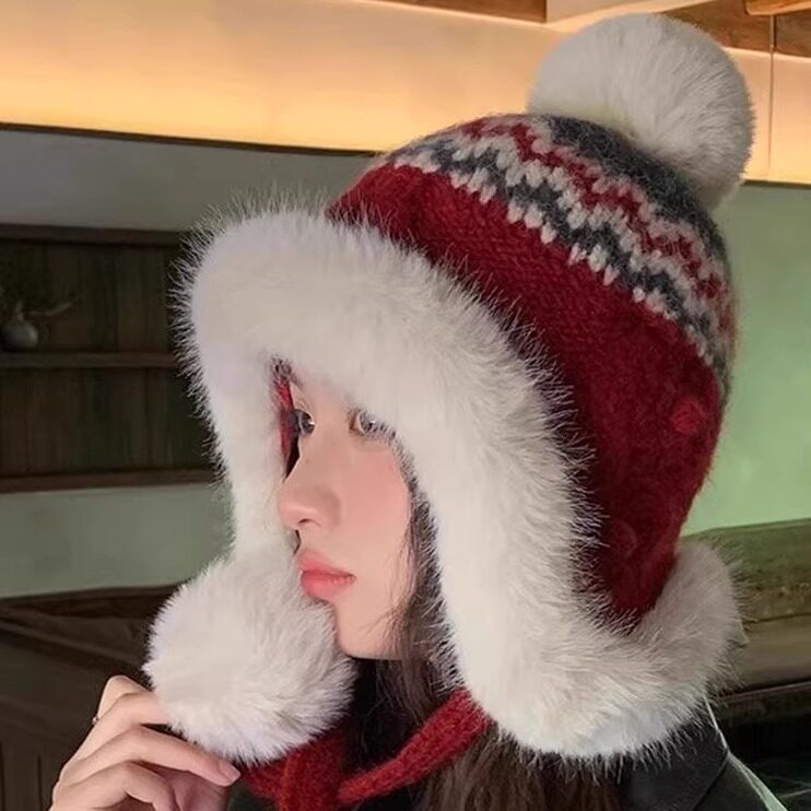 复古提花毛绒雷锋帽保暖护耳帽女